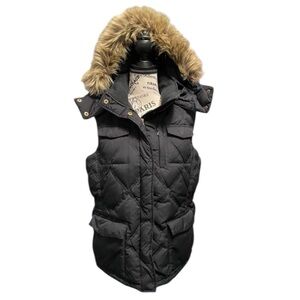 Lands' End Quilted Goose Down Fill Vest with Faux Fur Hood